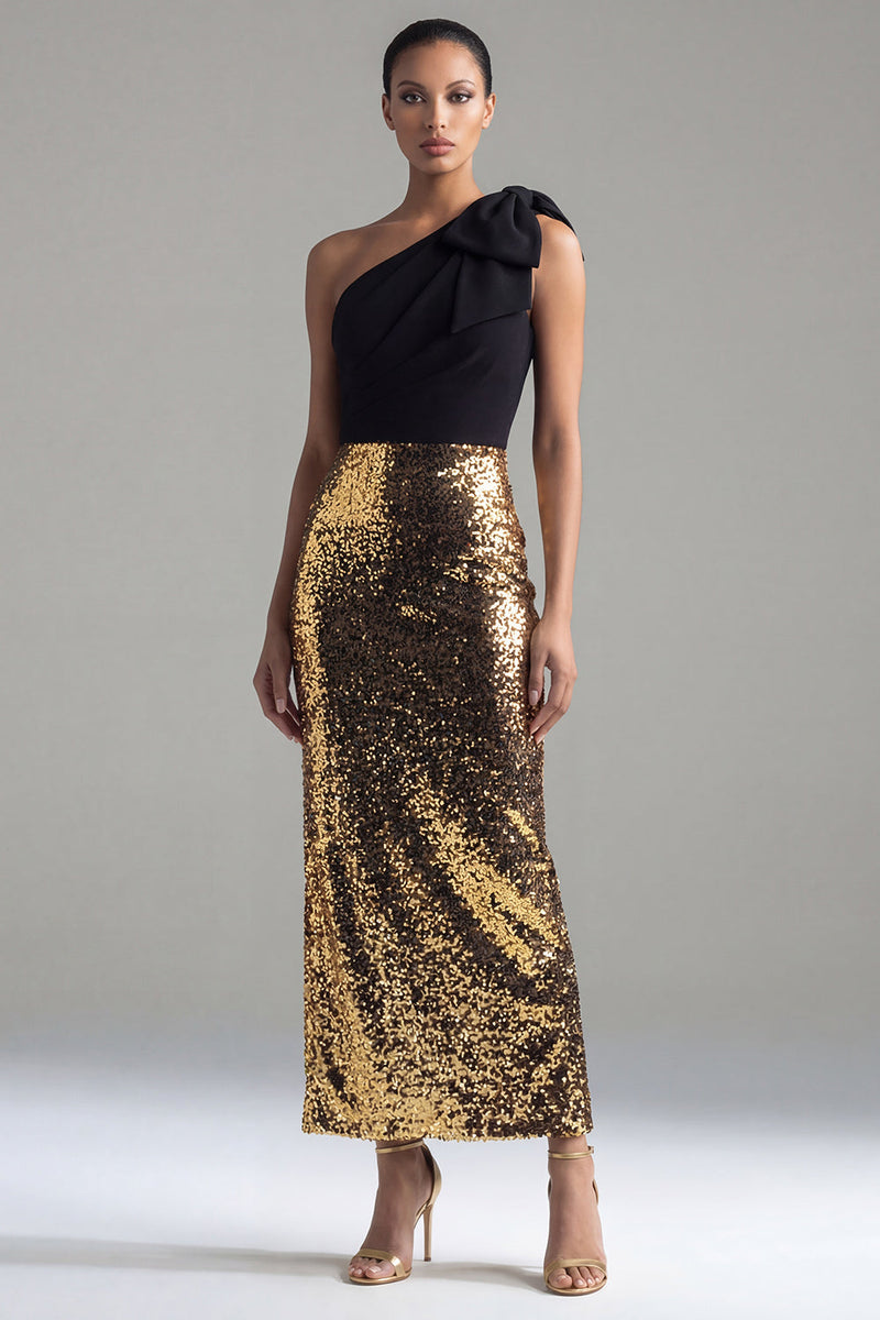 Load image into Gallery viewer, Black and Gold One Shoulder Glitter Sheath Maxi Sequin Formal Dress with Bow