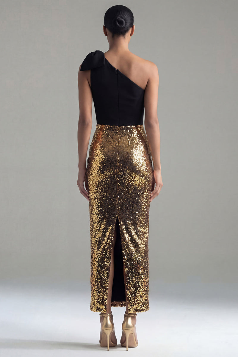 Load image into Gallery viewer, Black and Gold One Shoulder Glitter Sheath Maxi Sequin Formal Dress with Bow
