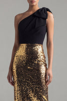 Load image into Gallery viewer, Black and Gold One Shoulder Glitter Sheath Maxi Sequin Formal Dress with Bow