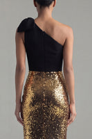 Load image into Gallery viewer, Black and Gold One Shoulder Glitter Sheath Maxi Sequin Formal Dress with Bow