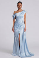 Load image into Gallery viewer, Sky Blue Ruched One Shoulder Long Mermaid Formal Dress with Side Cape
