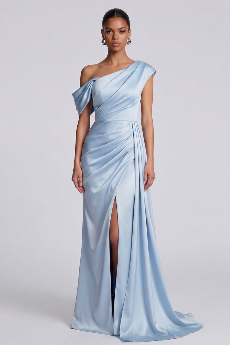 Load image into Gallery viewer, Sky Blue Ruched One Shoulder Long Mermaid Formal Dress with Side Cape