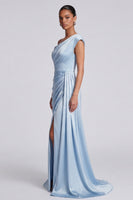 Load image into Gallery viewer, Sky Blue Ruched One Shoulder Long Mermaid Formal Dress with Side Cape