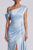 Load image into Gallery viewer, Sky Blue Ruched One Shoulder Long Mermaid Formal Dress with Side Cape