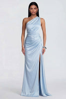 Load image into Gallery viewer, Sky Blue Ruched One Shoulder Long Mermaid Formal Dress with Slit