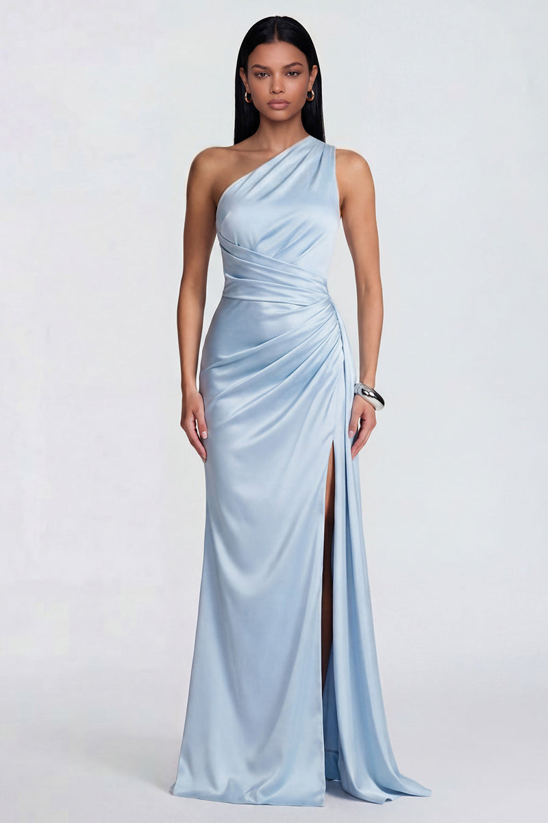 Load image into Gallery viewer, Sky Blue Ruched One Shoulder Long Mermaid Formal Dress with Slit