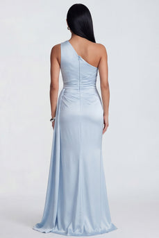 Sky Blue Ruched One Shoulder Long Mermaid Formal Dress with Slit