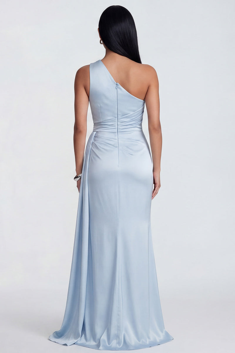 Load image into Gallery viewer, Sky Blue Ruched One Shoulder Long Mermaid Formal Dress with Slit