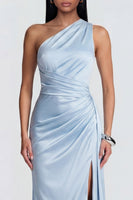 Load image into Gallery viewer, Sky Blue Ruched One Shoulder Long Mermaid Formal Dress with Slit