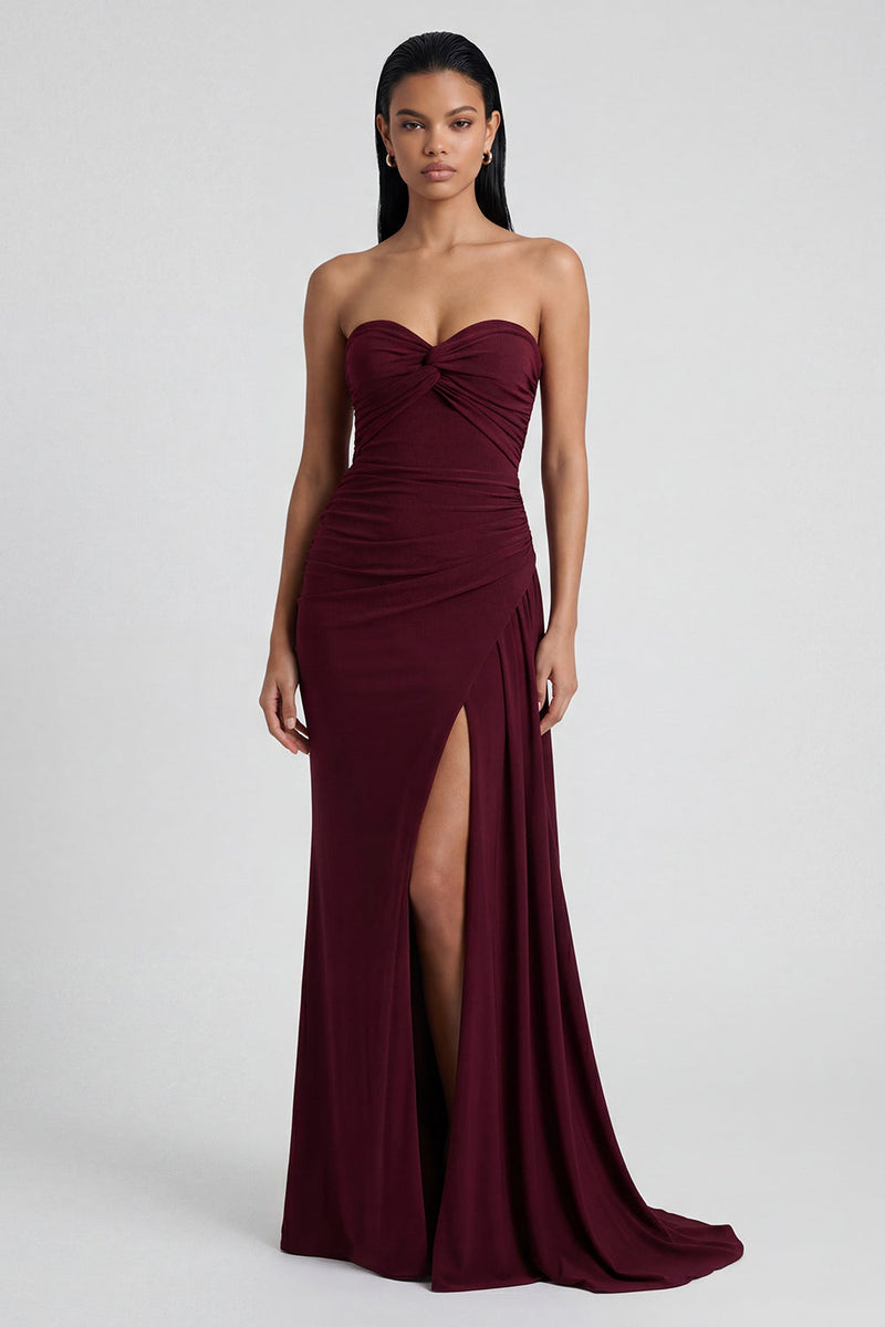 Load image into Gallery viewer, Burgundy Ruched Strapless Long Mermaid Formal Dress with Slit