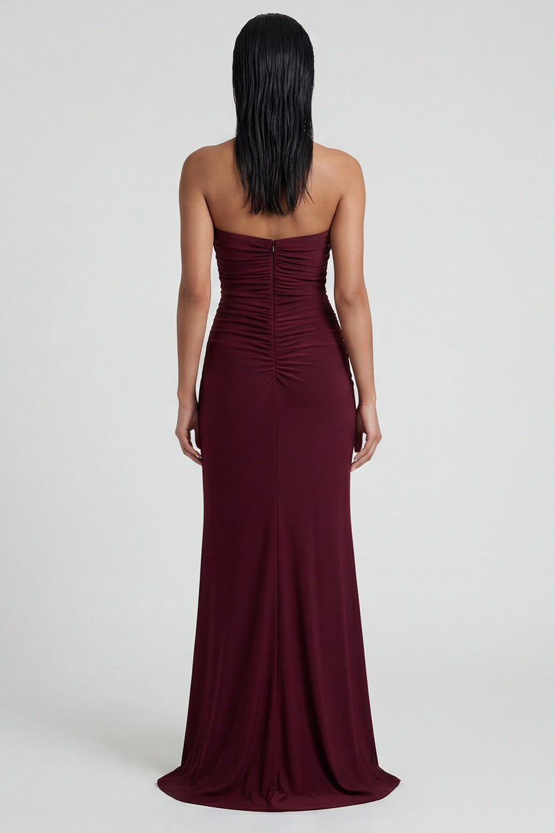 Load image into Gallery viewer, Burgundy Ruched Strapless Long Mermaid Formal Dress with Slit