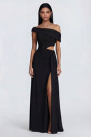 Load image into Gallery viewer, Black Ruched Sheath Cut Out Long Formal Dress with Side Cape