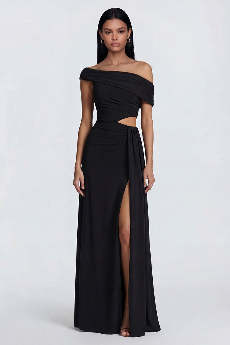 Load image into Gallery viewer, Black Ruched Sheath Cut Out Long Formal Dress with Side Cape