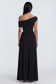 Black Ruched Sheath Cut Out Long Formal Dress with Side Cape