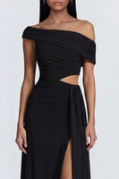 Load image into Gallery viewer, Black Ruched Sheath Cut Out Long Formal Dress with Side Cape