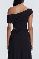 Load image into Gallery viewer, Black Ruched Sheath Cut Out Long Formal Dress with Side Cape