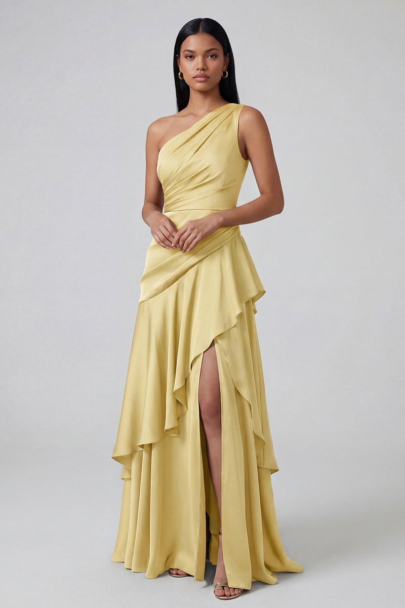 Load image into Gallery viewer, Butter Yellow Ruched One Shoulder Long A Line Formal Dress with Ruffles