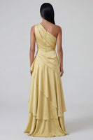 Load image into Gallery viewer, Butter Yellow Ruched One Shoulder Long A Line Formal Dress with Ruffles