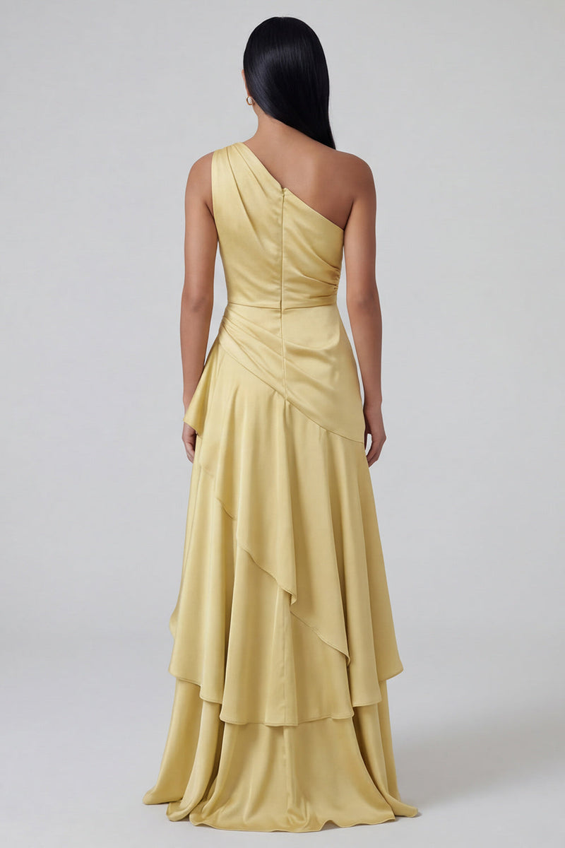 Load image into Gallery viewer, Butter Yellow Ruched One Shoulder Long A Line Formal Dress with Ruffles