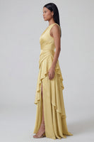 Load image into Gallery viewer, Butter Yellow Ruched One Shoulder Long A Line Formal Dress with Ruffles
