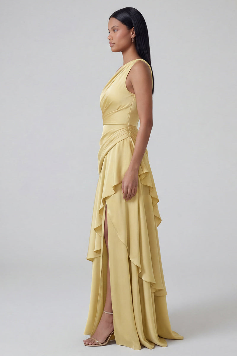 Load image into Gallery viewer, Butter Yellow Ruched One Shoulder Long A Line Formal Dress with Ruffles