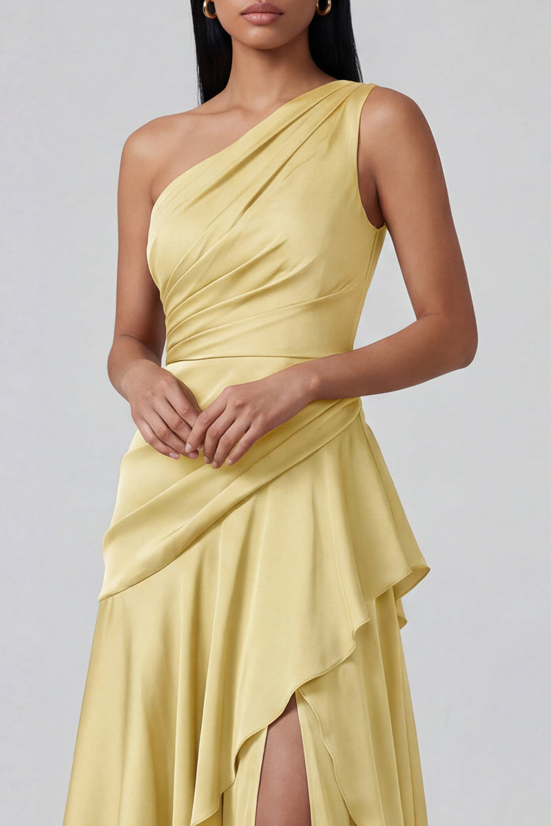 Load image into Gallery viewer, Butter Yellow Ruched One Shoulder Long A Line Formal Dress with Ruffles