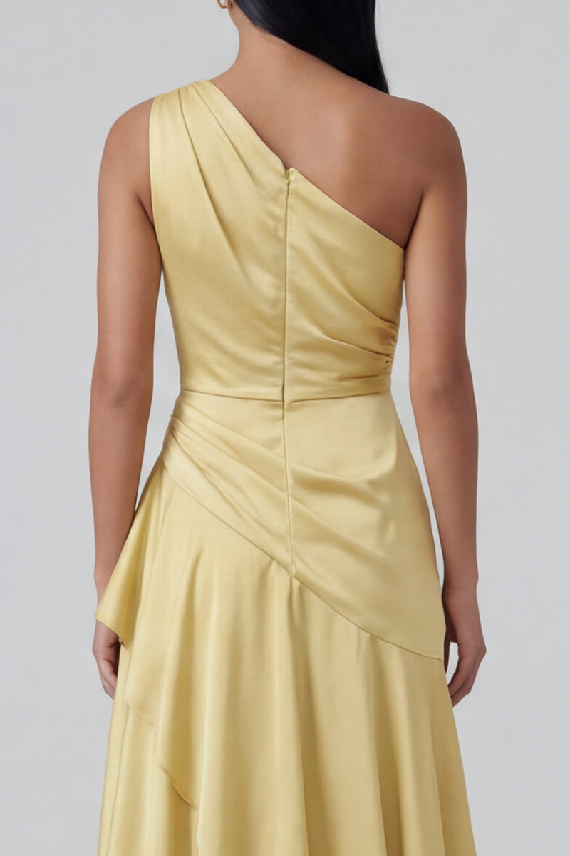 Load image into Gallery viewer, Butter Yellow Ruched One Shoulder Long A Line Formal Dress with Ruffles