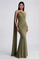 Load image into Gallery viewer, Olive Floral Ruched One Shoulder Mermaid Long Formal Dress with Side Cape