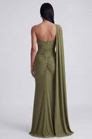 Load image into Gallery viewer, Olive Floral Ruched One Shoulder Mermaid Long Formal Dress with Side Cape