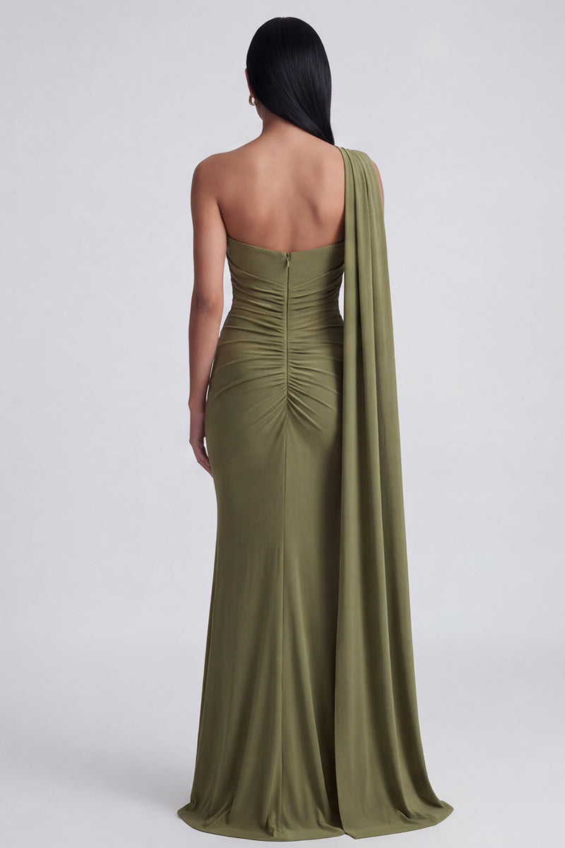 Load image into Gallery viewer, Olive Floral Ruched One Shoulder Mermaid Long Formal Dress with Side Cape