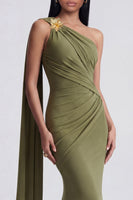 Load image into Gallery viewer, Olive Floral Ruched One Shoulder Mermaid Long Formal Dress with Side Cape