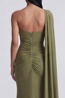 Load image into Gallery viewer, Olive Floral Ruched One Shoulder Mermaid Long Formal Dress with Side Cape