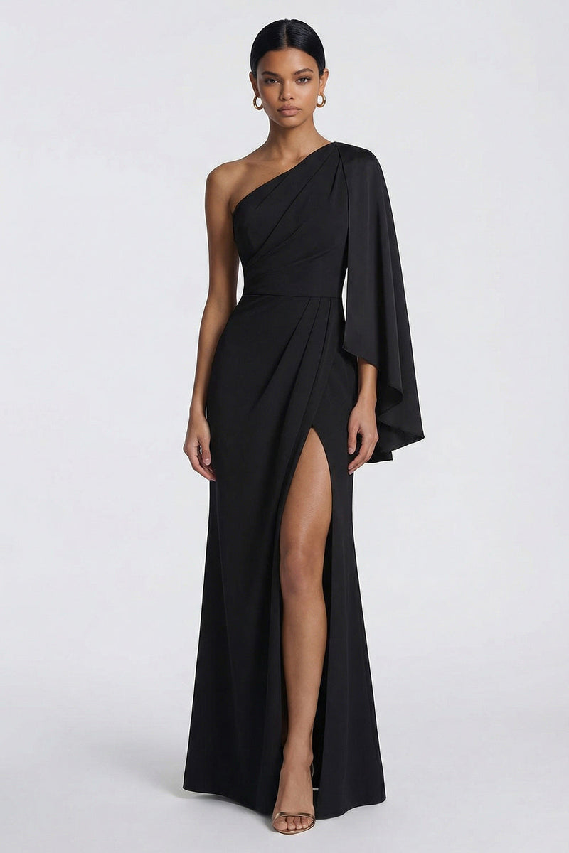 Load image into Gallery viewer, Black Ruched Mermaid One Shoulder Long Formal Dress