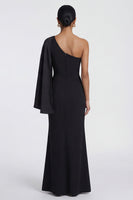 Load image into Gallery viewer, Black Ruched Mermaid One Shoulder Long Formal Dress
