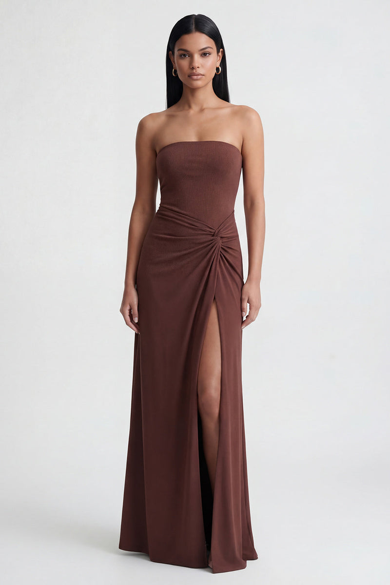 Load image into Gallery viewer, Brown Ruched Strapless Long Sheath Formal Dress with Slit