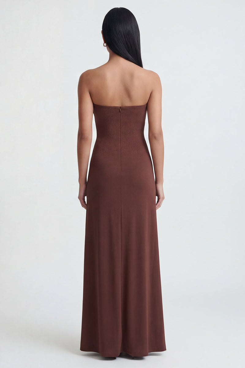 Load image into Gallery viewer, Brown Ruched Strapless Long Sheath Formal Dress with Slit