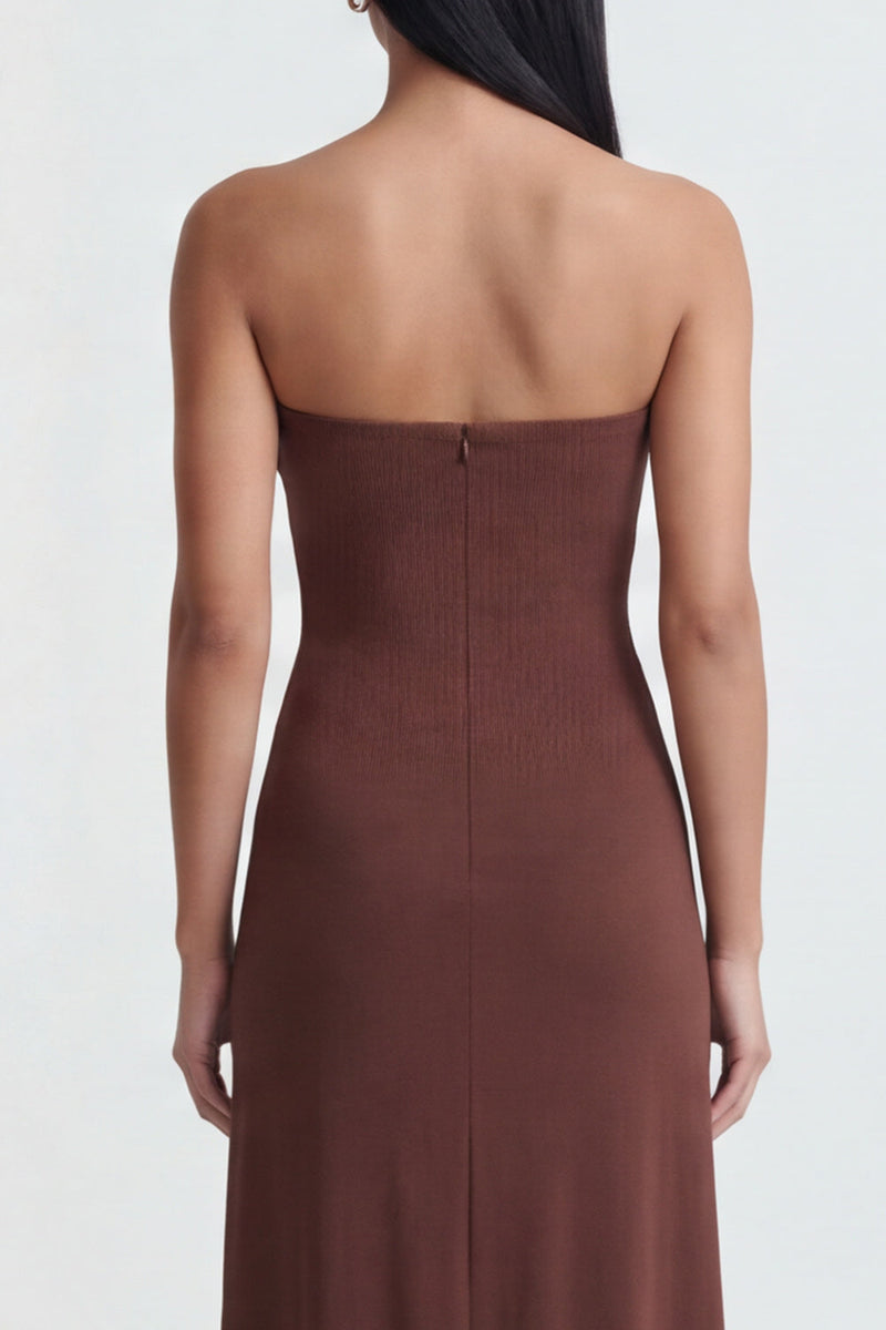 Load image into Gallery viewer, Brown Ruched Strapless Long Sheath Formal Dress with Slit