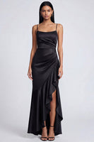 Load image into Gallery viewer, Black Spaghetti Straps Ruffled Mermaid Ruched Long Formal Dress with Slit