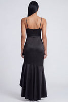 Load image into Gallery viewer, Black Spaghetti Straps Ruffled Mermaid Ruched Long Formal Dress with Slit