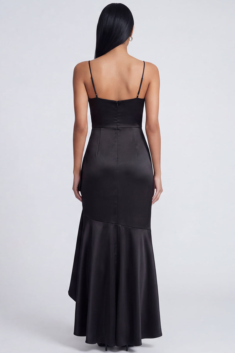 Load image into Gallery viewer, Black Spaghetti Straps Ruffled Mermaid Ruched Long Formal Dress with Slit