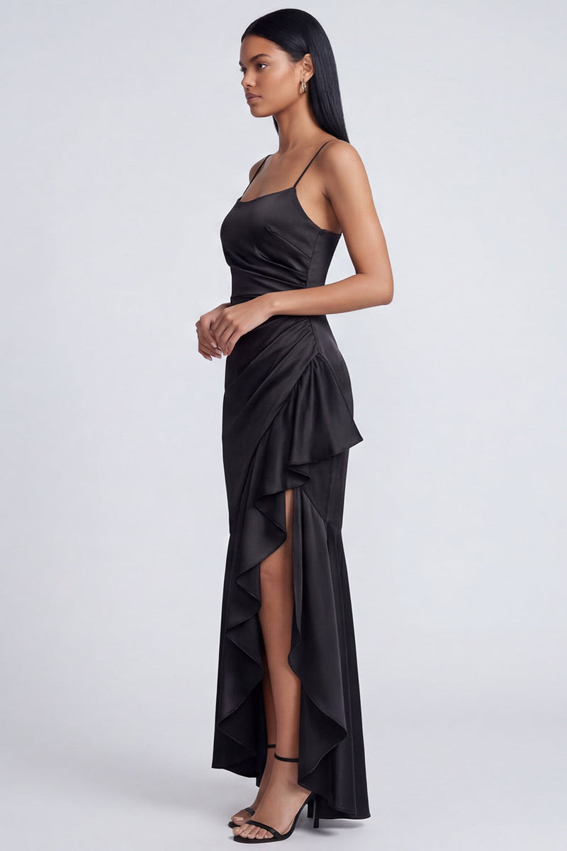 Load image into Gallery viewer, Black Spaghetti Straps Ruffled Mermaid Ruched Long Formal Dress with Slit