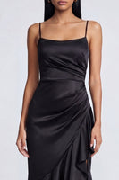 Load image into Gallery viewer, Black Spaghetti Straps Ruffled Mermaid Ruched Long Formal Dress with Slit