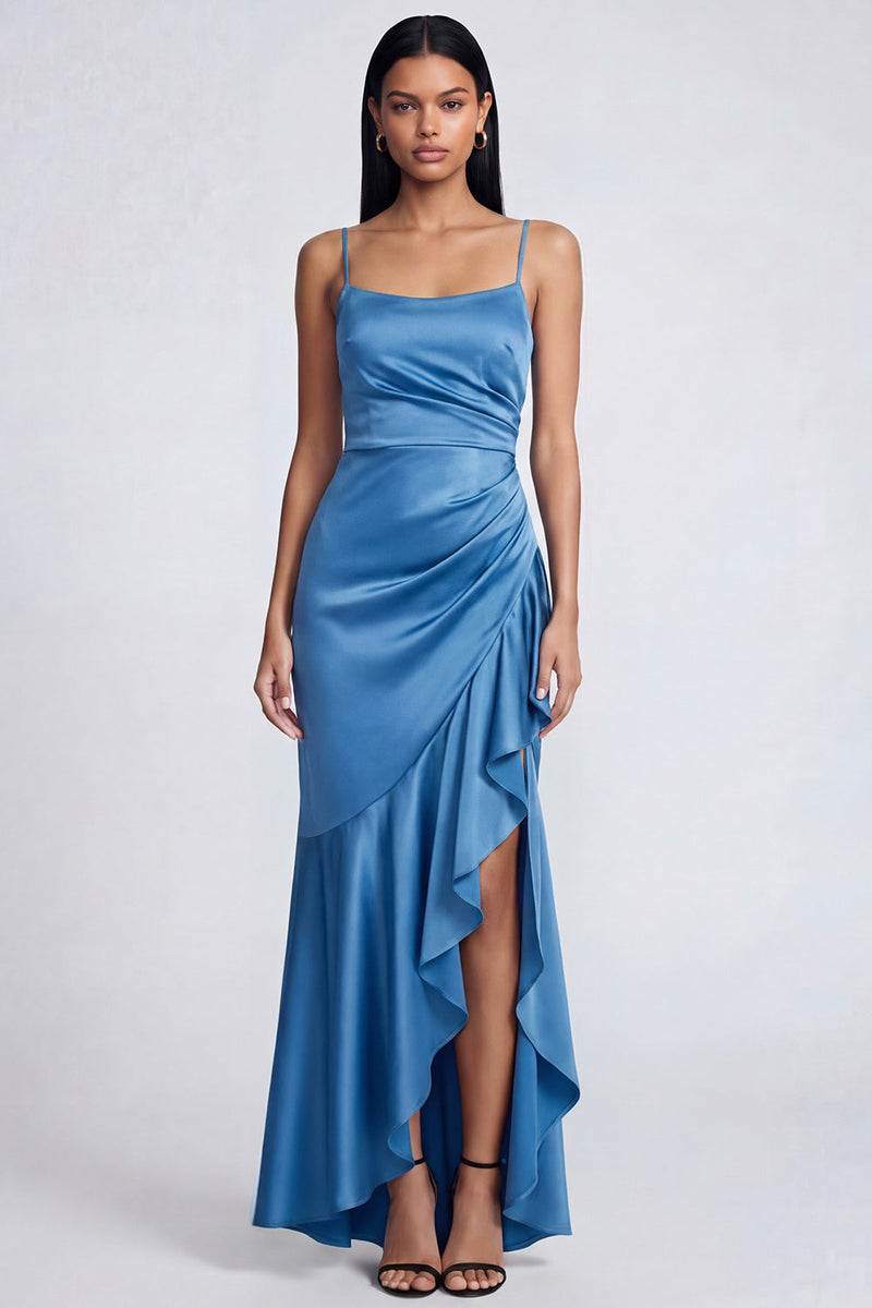 Load image into Gallery viewer, Black Spaghetti Straps Ruffled Mermaid Ruched Long Formal Dress with Slit