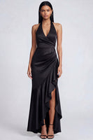 Load image into Gallery viewer, Black Halter Ruched Long Ruffled Mermaid Formal Dress with Slit