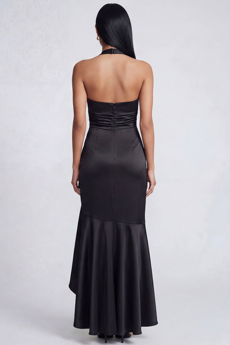 Load image into Gallery viewer, Black Halter Ruched Long Ruffled Mermaid Formal Dress with Slit