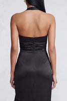 Load image into Gallery viewer, Black Halter Ruched Long Ruffled Mermaid Formal Dress with Slit