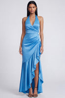 Load image into Gallery viewer, Black Halter Ruched Long Ruffled Mermaid Formal Dress with Slit