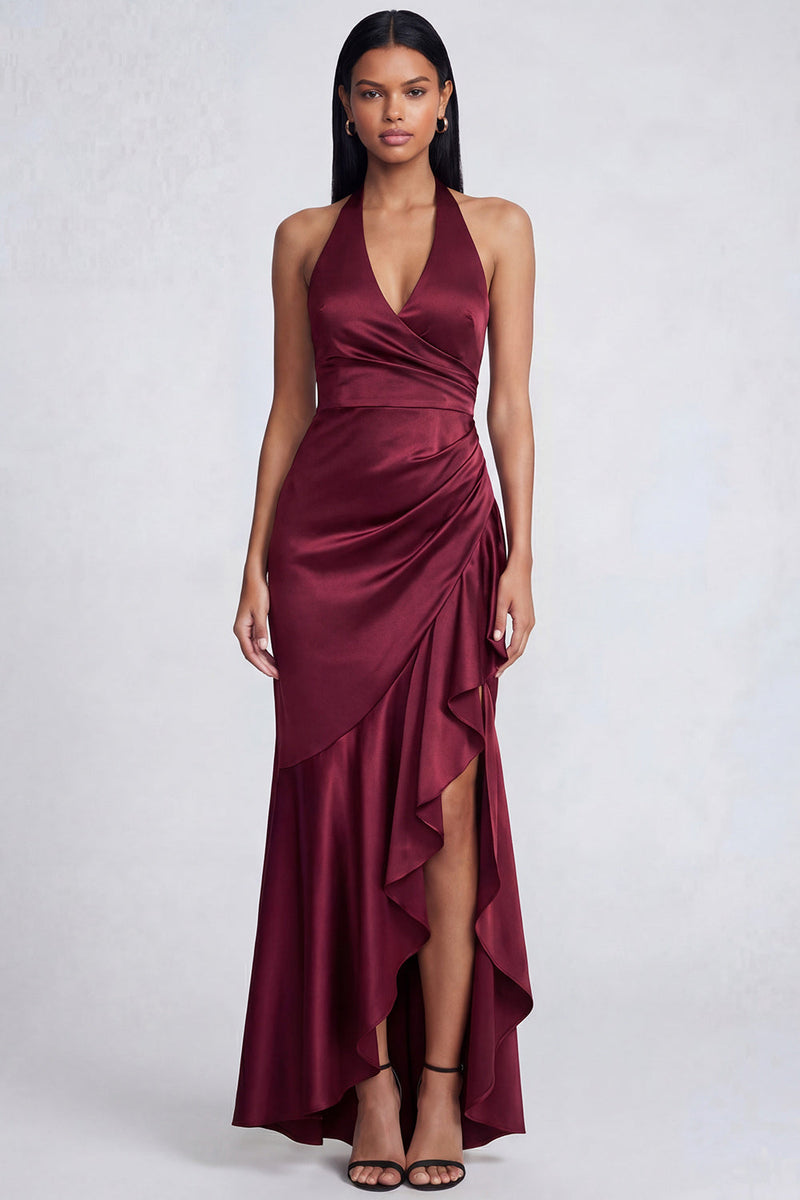 Load image into Gallery viewer, Black Halter Ruched Long Ruffled Mermaid Formal Dress with Slit