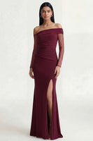Load image into Gallery viewer, Burgundy Ruched Long Sleeves Long Mermaid Formal Dress with Slit