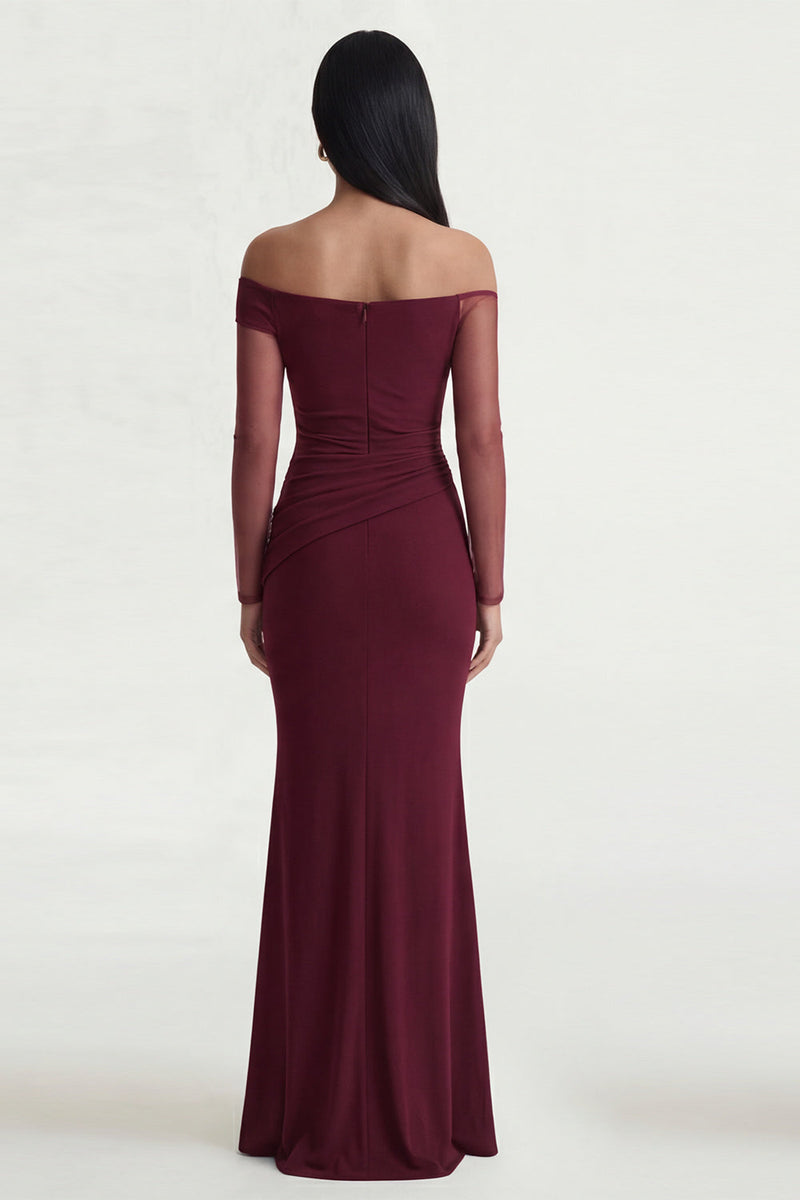 Load image into Gallery viewer, Burgundy Ruched Long Sleeves Long Mermaid Formal Dress with Slit